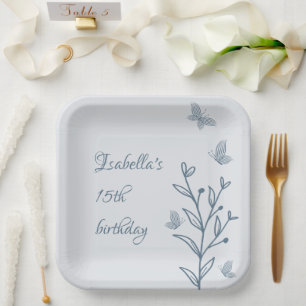 Plato De Papel Romántico elegante polvoriento azul floral