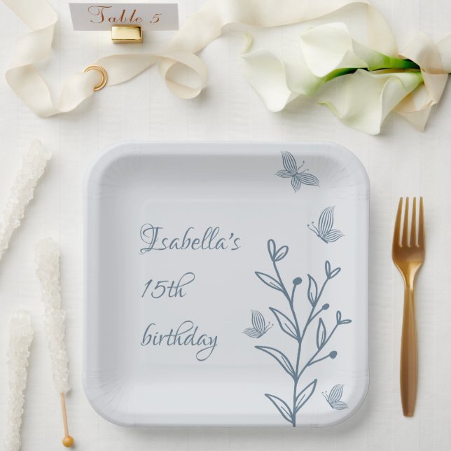 Plato De Papel Romántico elegante polvoriento azul floral (Boda)