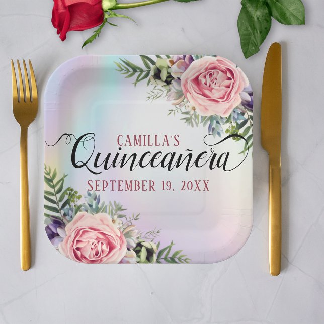 Plato De Papel Romántico elegante y encantador Quinceañera floral (Subido por el creador)