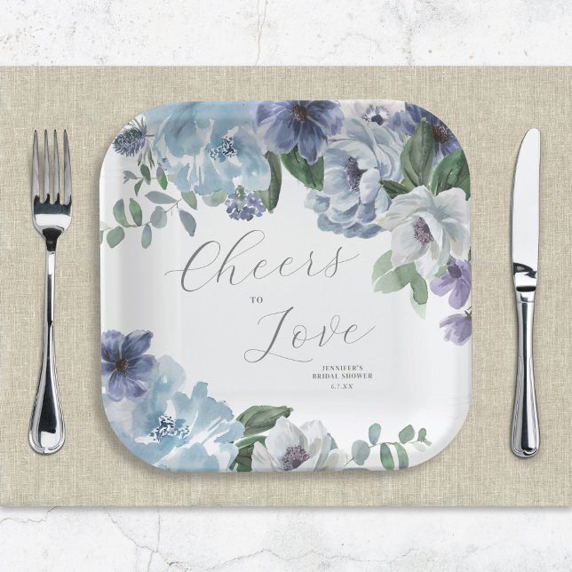 Plato De Papel Romántico Fiesta de ducha de novia con flores azul (Subido por el creador)