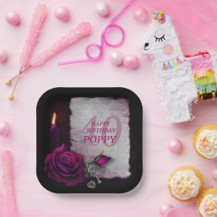 Plato De Papel Romántico Rosa Gótico y Cumpleaños de la Vela