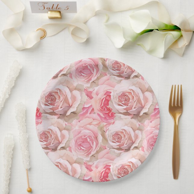 Plato De Papel Romántico Roses Rosados Floral Brillante Ducha (Boda)