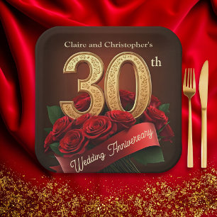 Plato De Papel Romántico Roses Roses Roses Oro 30 Aniversario Bod