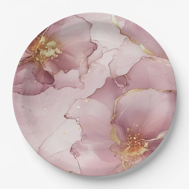 Plato De Papel Romántico Rubor Pink Gold Floral Cumpleaños (Anverso)