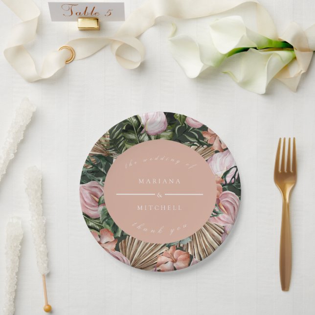 Plato De Papel Romántico Tropical Floral suave durazno verde rosa (Boda)