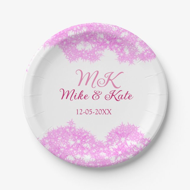 Plato De Papel Rompecabezas rosa añadir nombre de pareja fecha pu (Anverso)