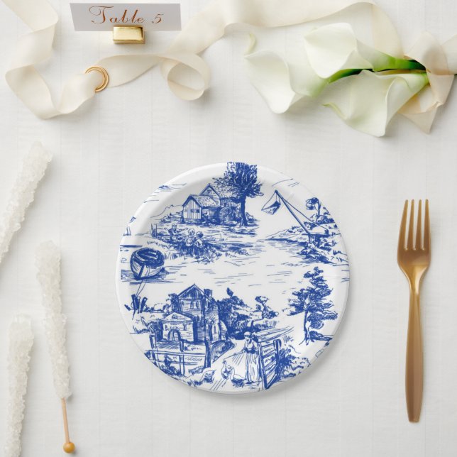 Plato De Papel Ronda azul de toallas francesas (Boda)