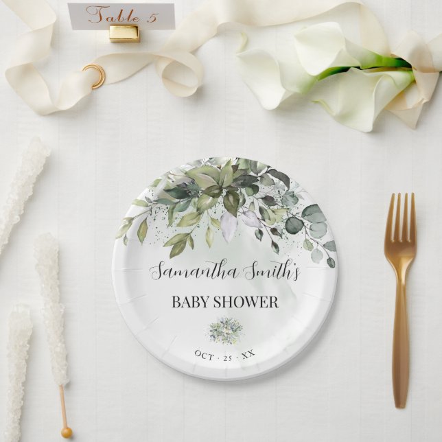 Plato De Papel Ronda de Baby Shower de Greenery Eucalyptus (Boda)