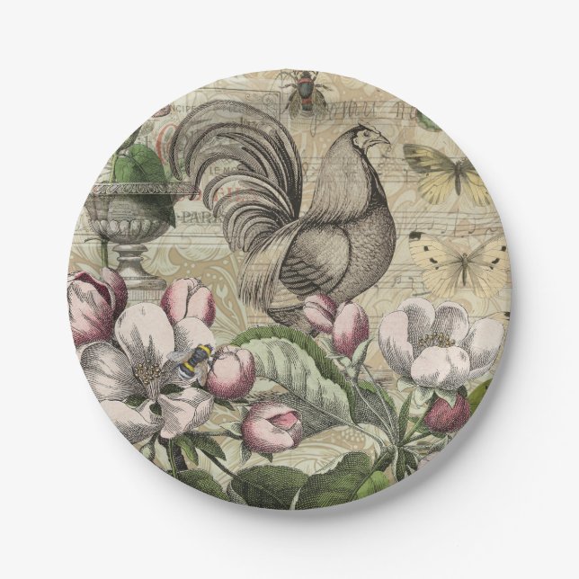 Plato De Papel Rooster Garden Flower Butfly Art (Anverso)