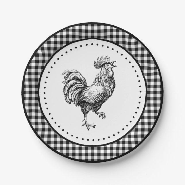 Plato De Papel Rooster Gingham (Anverso)