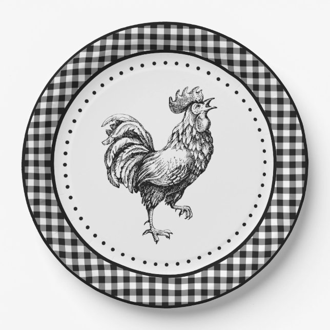 Plato De Papel Rooster Gingham (Anverso)