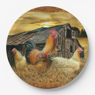 Plato De Papel Rooster Vintage Hens Rustic Barn Coop