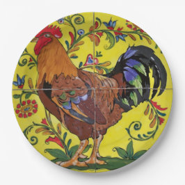 Plato De Papel Rooster Yellow Floral Tile Folk Art Country