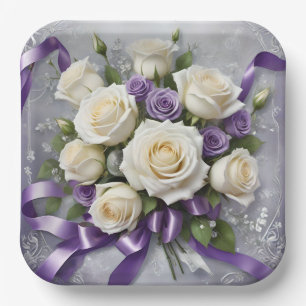 Plato De Papel Ropa blanca, rosas de la lila, cintas blancas