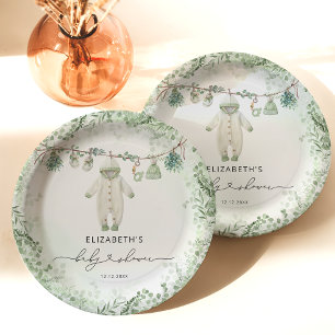Plato De Papel Ropa de bebé Boho Eucalyptus Baby Shower
