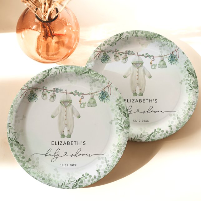 Plato De Papel Ropa de bebé Boho Eucalyptus Baby Shower (Subido por el creador)