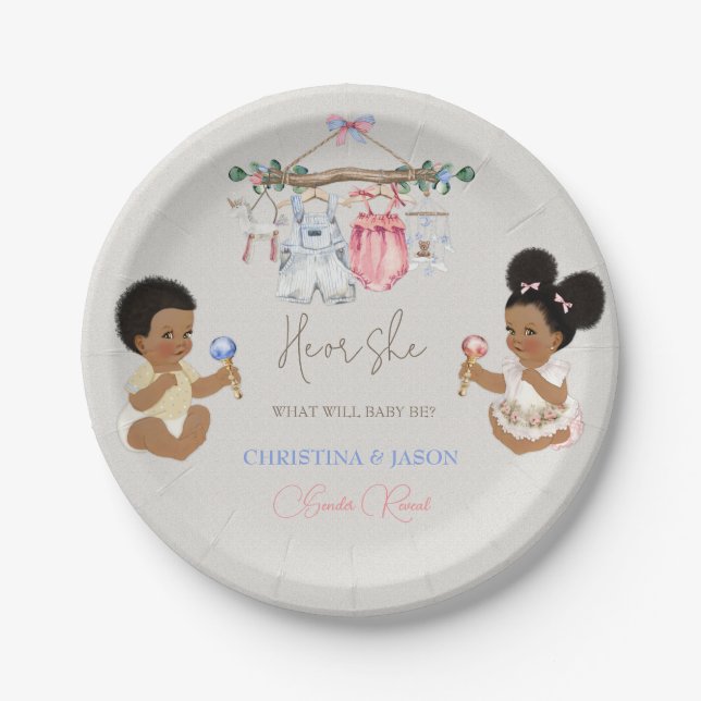 Plato De Papel Ropa de bebé género revelan marfil azul rosado (Anverso)