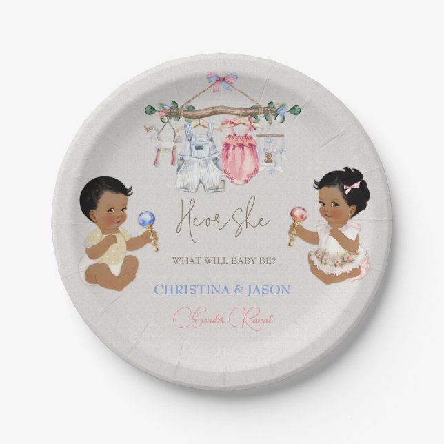 Plato De Papel Ropa de bebé género revelan marfil azul rosado (Anverso)