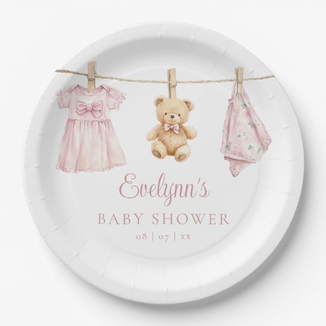 Plato De Papel Ropa de Bebé Niña Rosa en Tender Baby Shower (Anverso)