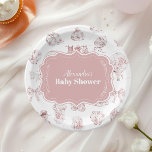 Plato De Papel Ropa rosa de tela de Jouy Baby Shower<br><div class="desc">Añada un toque de elegancia a su ducha de bebé con nuestras placas de papel Baby Shower Toile De Jouy Bow. Diseñados con el clásico e intrincado toque de Toile De Jouy, estos platos presentan escenas pastorales encantadoras que encarnan la sofisticación y el encanto intemporal. El delicado acento del arco...</div>