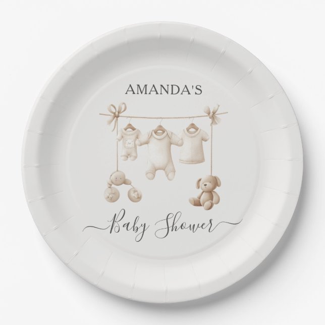 Plato De Papel Ropa y juguetes beige para bebé Cumpleaños de bebé (Anverso)