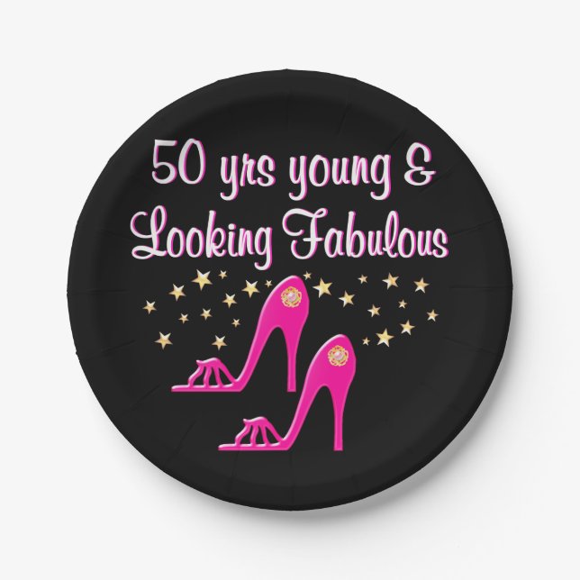 PLATO DE PAPEL ROSA 50 AÑOS JÓVENES Y FABULOSOS (Anverso)
