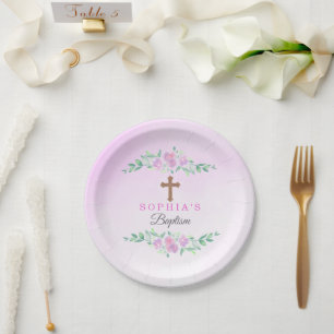 Plato De Papel Rosa agua de rosas acuarela ombre cruz bautizo per