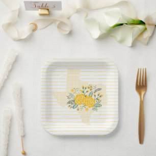 Plato De Papel Rosa Amarilla de Texas - Estado de Gingham con Ros