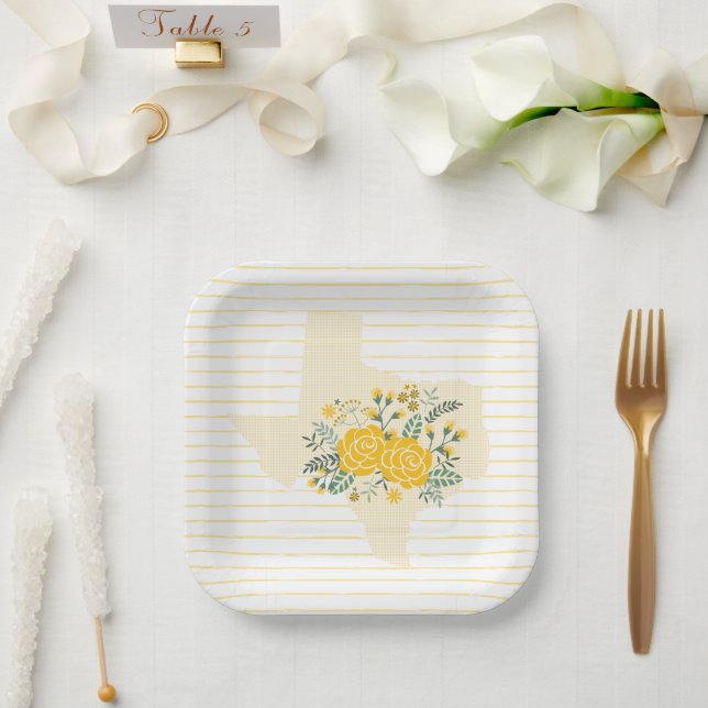 Plato De Papel Rosa amarilla de Texas - Estado de Gingham con Ros (Boda)