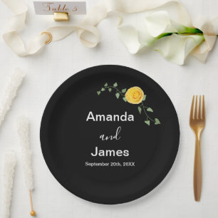 Plato De Papel Rosa Amarilla y Vid Verde Elegante Boda Negra