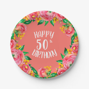 Plato De Papel Rosa, Amarillo, Coral Vivo Floral acuarela