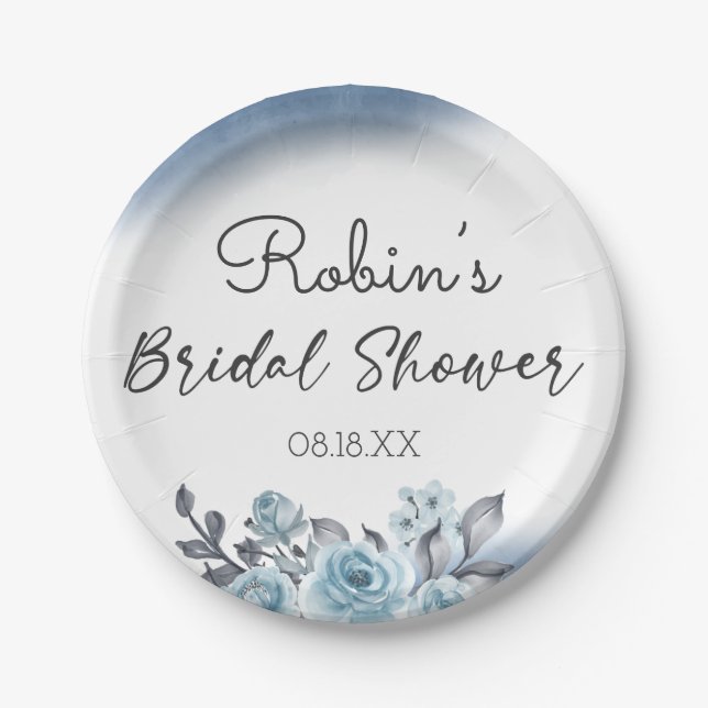 Plato De Papel Rosa azul acuarela Floral Bridal Brunch (Anverso)