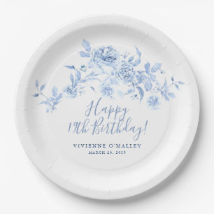Plato De Papel rosa Azul  Personalizado Floral