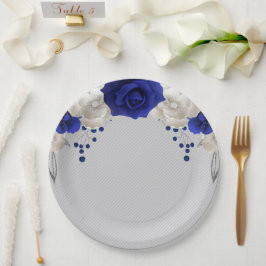 Plato De Papel rosa azul real flores blancas gris