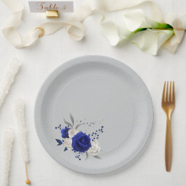 Plato De Papel rosa azul real flores blancas gris