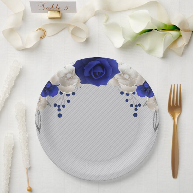 Plato De Papel rosa azul real flores blancas grises (Boda)