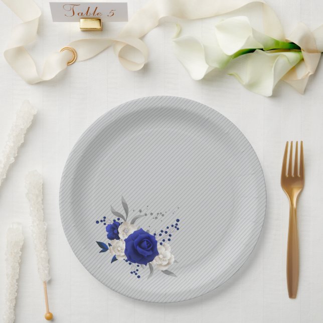 Plato De Papel rosa azul real flores blancas grises (Boda)