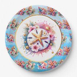 Plato De Papel Rosa, azul y dorado costero dólar de arena playero