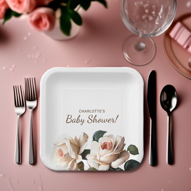 Plato De Papel Rosa Beige suave Chica Baby Shower (Girl Baby Shower Paper Plates)