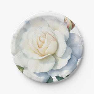 Plato De Papel Rosa Blanca Pintada a Mano Ilustrada
