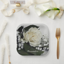 Plato De Papel Rosa Blanca Romántica y Elegante Personalizable