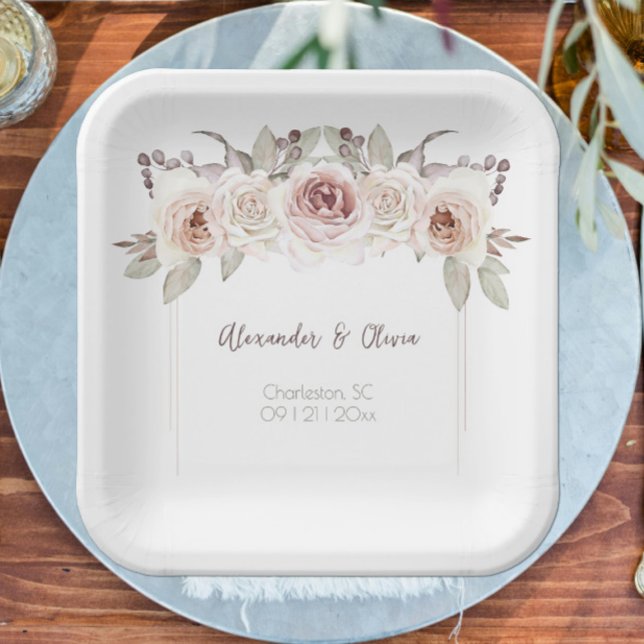 Plato De Papel Rosa Boda bohemio (Bohemian Rose Wedding Paper Plates)