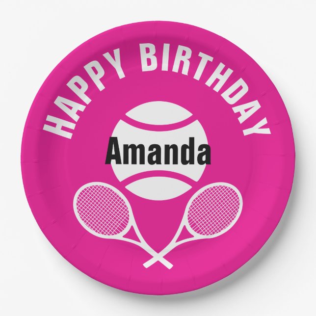 Plato De Papel Rosa brillante amo el tenis (Anverso)