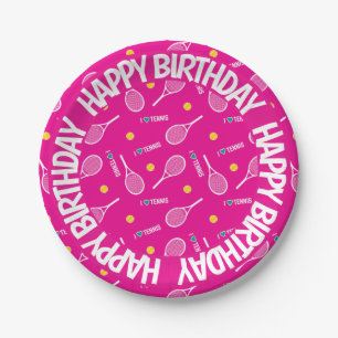 Plato De Papel Rosa brillante amo el tenis, cumpleaños feliz