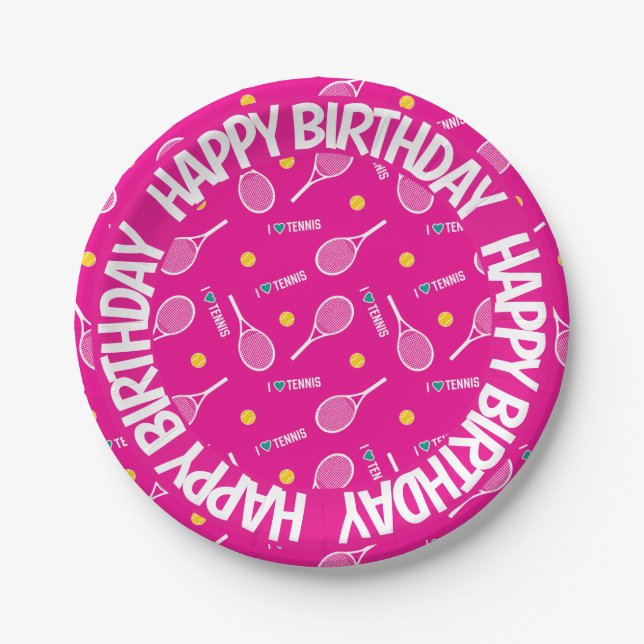 Plato De Papel Rosa brillante amo el tenis, cumpleaños feliz (Anverso)