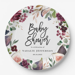 Plato De Papel Rosa, burdeos, + higuera acuarela floral y guion