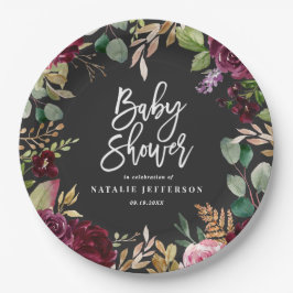 Plato De Papel Rosa, burdeos, + higuera acuarela floral y guion