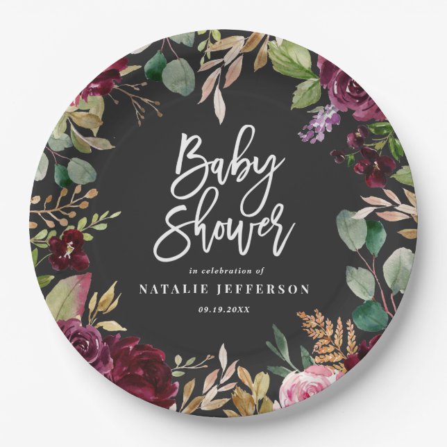 Plato De Papel Rosa, burdeos, + higuera acuarela floral y guion (Anverso)