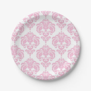 Plato De Papel Rosa Claro y Blanco Damask Chic Festa Elegante