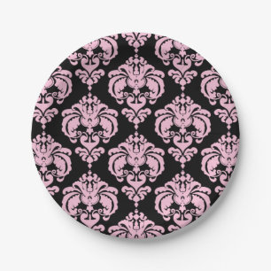 Plato De Papel Rosa Claro y Negro Damask Chic Festa Elegante